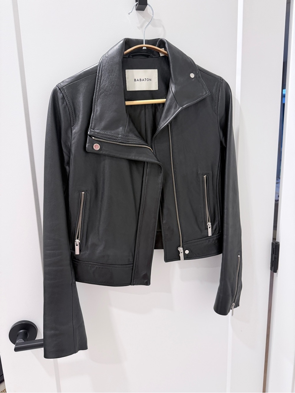 Babaton Black Leather Asymmetric Moto Jacket
